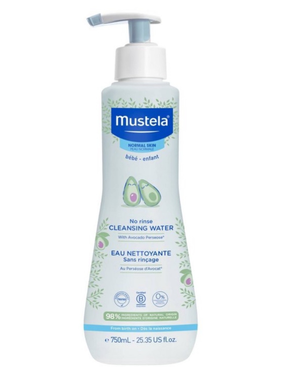 Mustela No Rinse Cleansing Water for bebe infants 25.35 fl oz large bottle